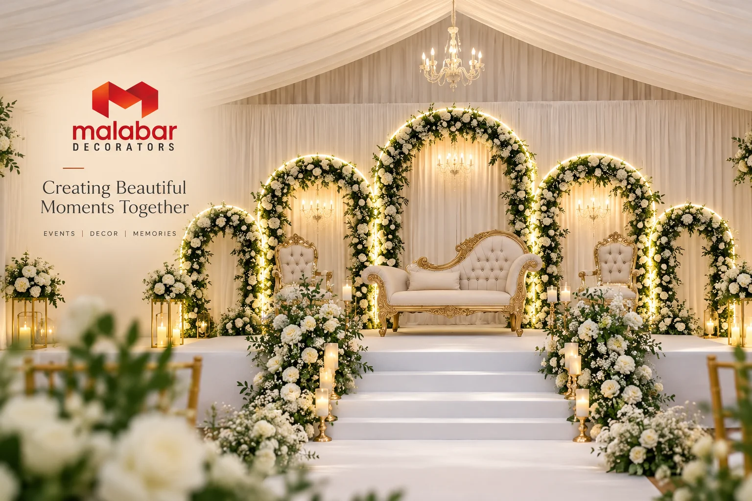 Wedding stage scenography and floral backdrop by Malabar Decorators